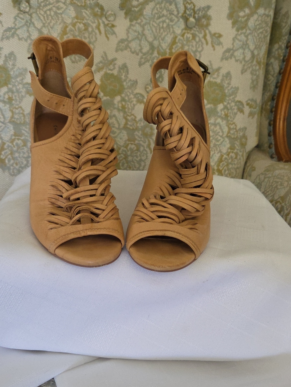 Chinese Laundry Tan Braided Peep-Toe Heeled Sandals